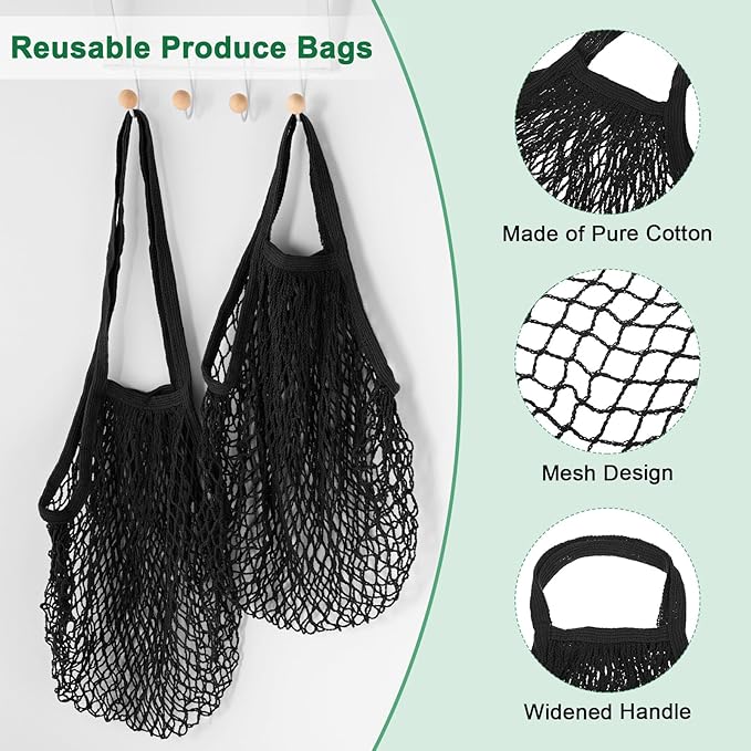 M METERXITY 2-Pack Cotton Mesh Bag, Reusable Washable Mesh Net String Grocery Bags, Reusable Produce Bags with Handle, Net Tote Bag for Fruits/Vegetables Shopping [Black, Long&Short Handle]