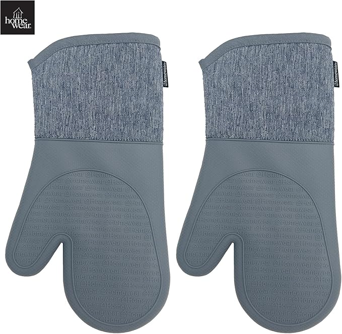 Homewear Marlow Silicone Extra Long Oven Mitt 2 Piece Set, Heat and Slip Resistant, Recycled Cotton with Soft Lining, Thick Kitchen Gloves for Cooking, Slate