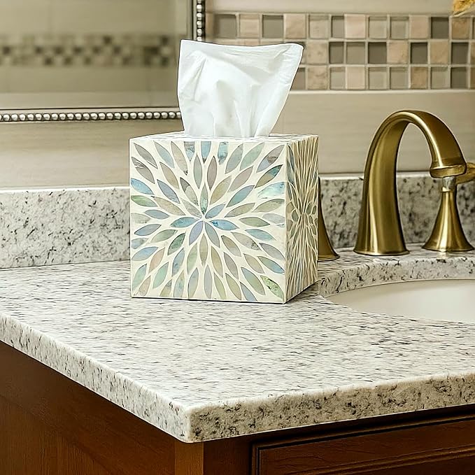i-lan Mother of Pearl Cube Tissue Cover Box,Sea Pearl Shell Blue Flower Decorative Square Tissue Holder,5.9” Capiz Mop Napkin Box with Bottom Slider