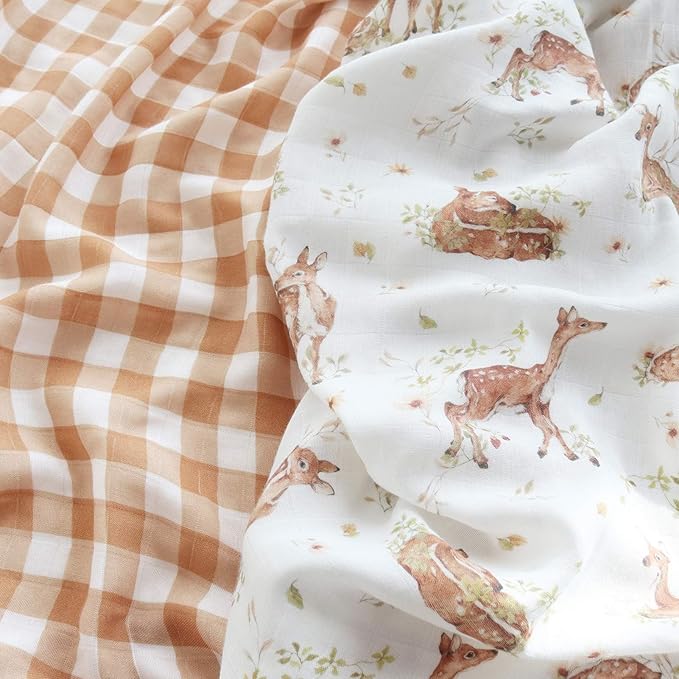 LifeTree Baby Swaddle Blankets, Boys Girls Muslin Swaddling Wrap Receiving Blanket for Newborn, 70% Viscose from Bamboo and 30% Cotton, Large 47" x 47", Deer and Checkered