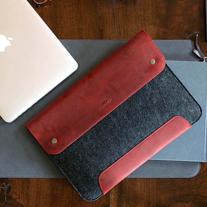 MegaGear Genuine Leather and Fleece MacBook Bag Laptop Sleeve for MacBook Pro and MacBook Air Case 14 Inch - 13 Inch (M4, M3, M2, M2, M1, Pro, Max) 13.3 Inch, iPad Pro 12.9 Inch - 2020 to 2024 Models