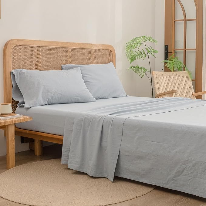 BESTOUCH Sheet Set 100% Washed Cotton Linen Feel Super Soft Comfortable Chic Lightweight 4 Pcs Home Bedding Set Solid Cornflower Blue Queen