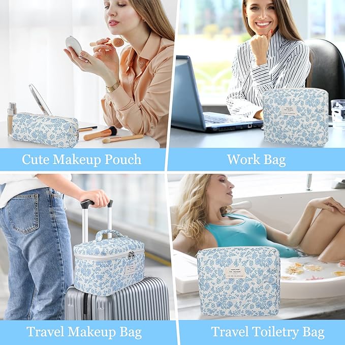 3PC Makeup Bag Set, Quilted Makeup Bag, Large Floral Cosmetic Bag for Women, Cute Cotton Makeup Bags, Flower Travel Toiletry Organizer Bag (Bear)