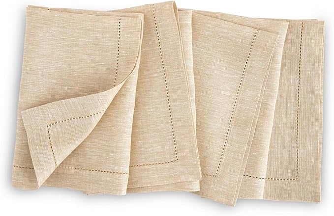 Solino Home Linen Napkins Set of 4 - Hemstitch 100% Pure Linen Champagne Beige Dinner Napkins Cloth 20 x 20 Inch for Spring, Easter - Milan, Handcrafted and Machine Washable