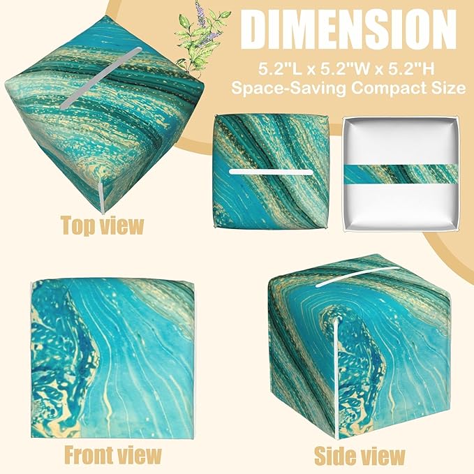 Leather Tissue Box Holder Turquoise and Gold Liquid Marble Tissue Box Cover Facial Paper Case Organizer Cube Napkin Dispenser for Bathroom Vanity Countertop Night Stand Office Car