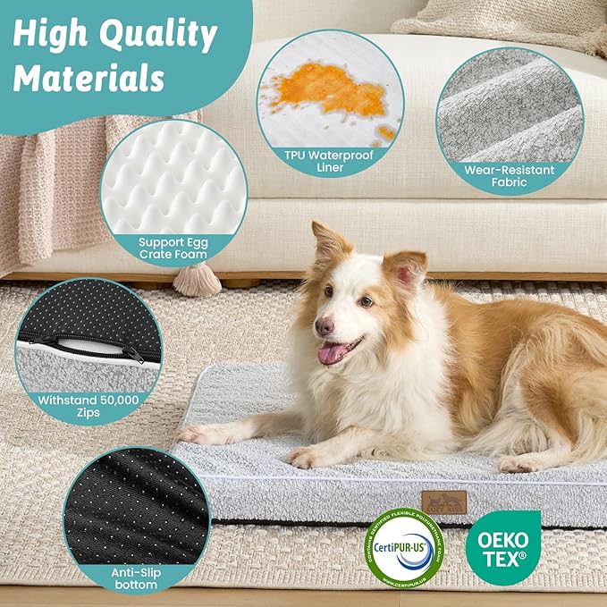 COZY KISS Dog Crate Bed for Small Size Dogs, Rectangular Orthopedic Cat Beds, Foam Anti-Slip Bottom Pet Mat with Washable Removable Cover, Suitable for Pet Up to 30 lbs, 24x16x3 inch, Grey
