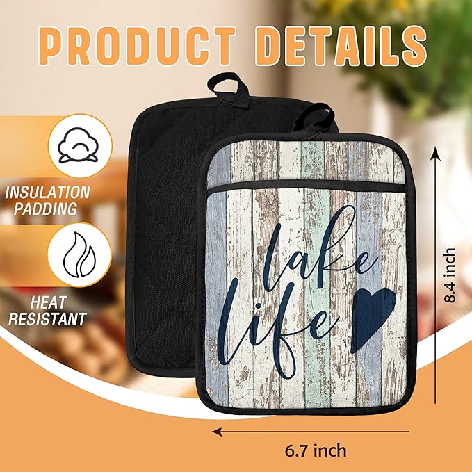 Vintage Lake Life Gifts Pot Holders with Pockets, Lake Life House Gifts for Cabin Owners Women Oven Pot Holders Heat Resistant Oven Mitts Hot Pads for Kitchen Baking Cooking