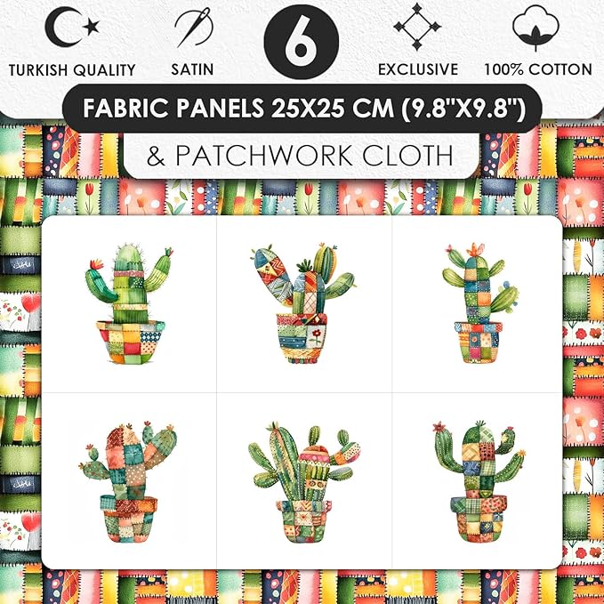 Patchwork Cactus Cotton Fabric Panel – Six 10×10 inch Designs + Bonus 29.5×19.6 inch Patchwork Sheet, 100% Turkish Cotton 140 GSM