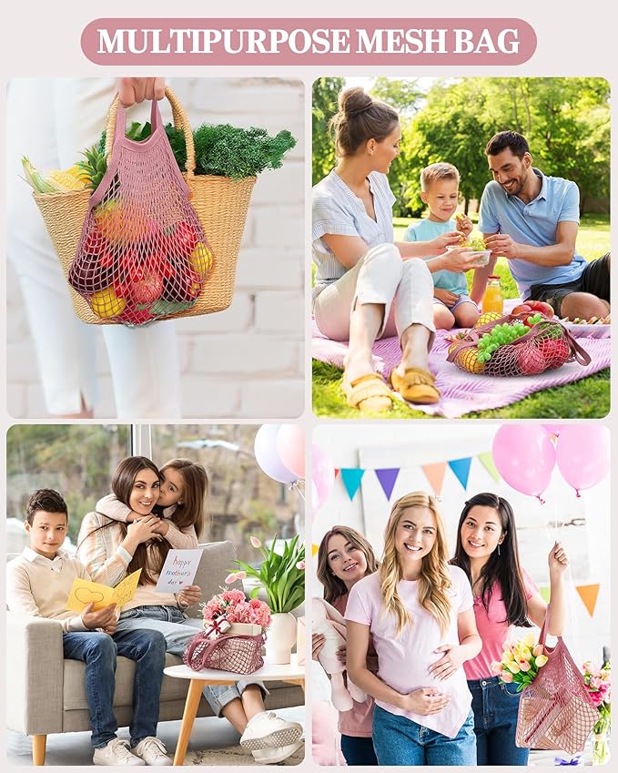 Eccliy 12 Pcs Reusable Mesh Grocery Bags Portable Cotton Produce Containers Washable Net Mesh Tote Bag Handle String Shopping(Pink)