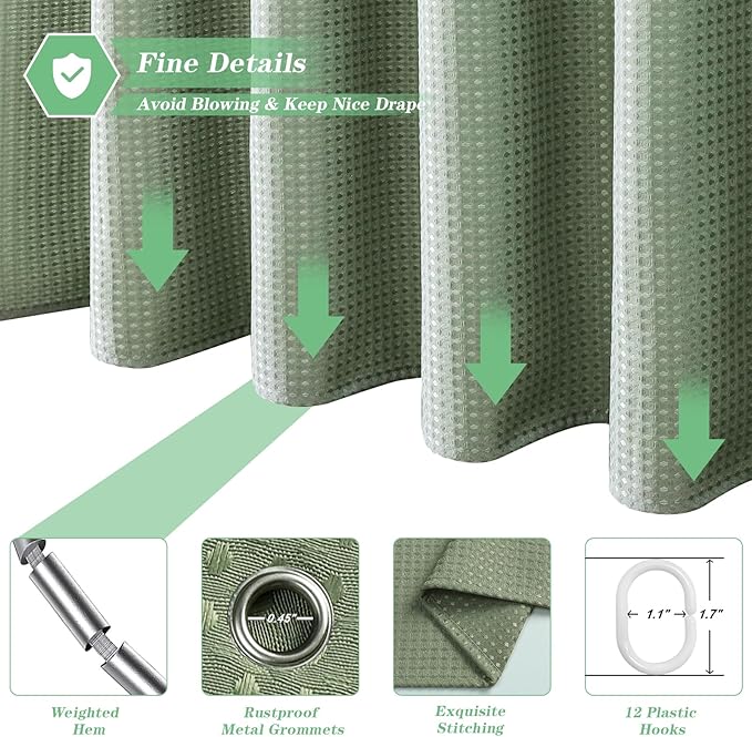 meioro Sage Green Shower Curtain, Waffle Weave 256GSM Heavy Duty Textured Fabric Shower Curtains for Bathroom Hotel Spa, Luxury Weighted Polyester Cloth Bath Curtain Set with 12 Hooks, 48Wx72H