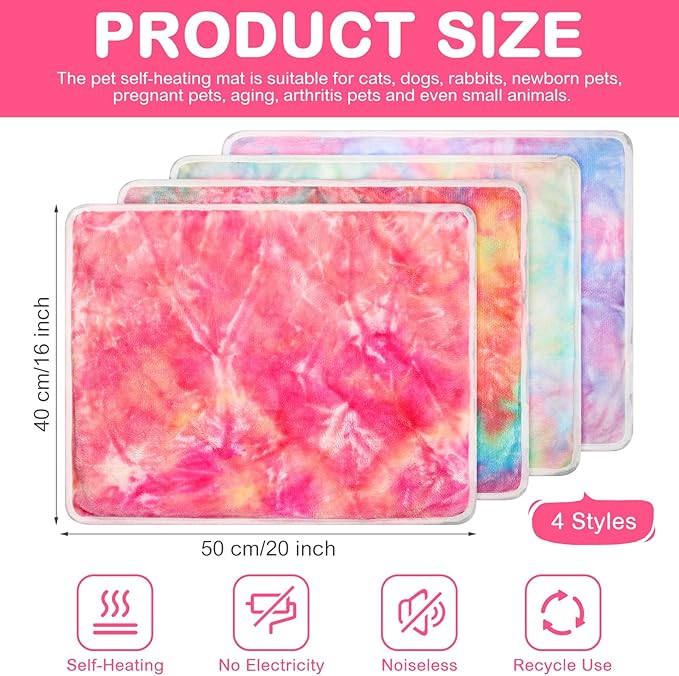 Clysee 4 Pack Self Heating Cat Bed Cat Self Warming Pad with Removable Cover Extra Warm Thermal Pet Pad Washable Pet Crate Mat Anti Slip Kennel for Indoor Outdoor Pets(Tie Dye,16 x 20 Inches)