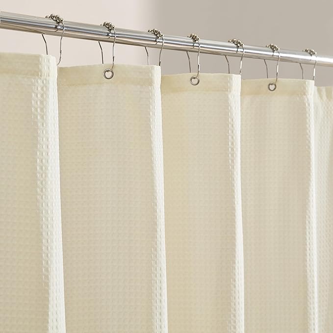 MONDAY MOOSE Scalloped Waffle Weave Shower Curtain with Rustproof Metal Grommet Holes for Bathroom, Machine Washable, Hooks Included (72x72 inch, Mustard/Cream)