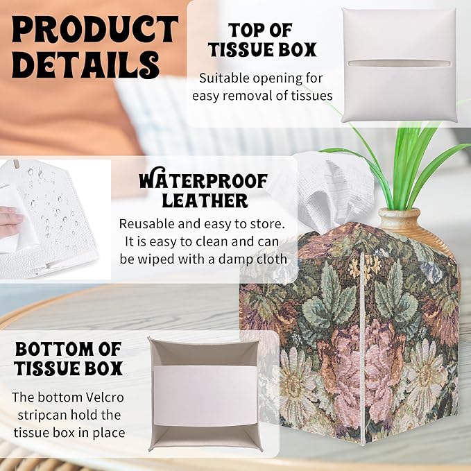 Vintage Flower Square Tissue Box Holder Cover, Tissue Cube Box Organizer for Bathroom, Living Room, Office, Countertop, Car, Night Stands, Modern Home Desk Tabletop Decor - A05