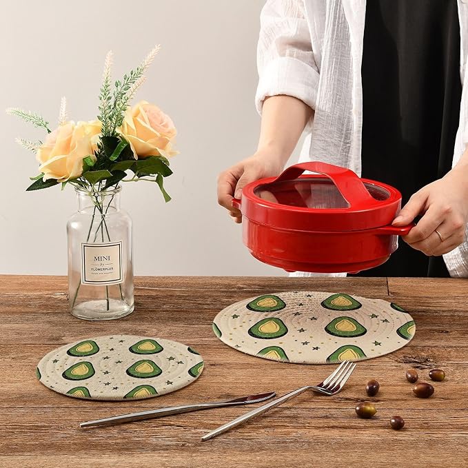 Avocados Stars Dots Minimalist White Trivets for Hot Dishes Pots and Pans Potholders Woven Trivet Cotton Round Large Pot Holder Decor Heat Resistant Hot Pads Mat for Table Counter Cooking Potho