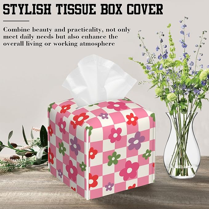 OHEGBXE Tissue Box Holder Vintage Groovy Flower on Checkered Square Leather Tissue Box Cover Modern Cube Facial Paper Cover Case for Bathroom Vanity Countertop Night Stands Tabletop