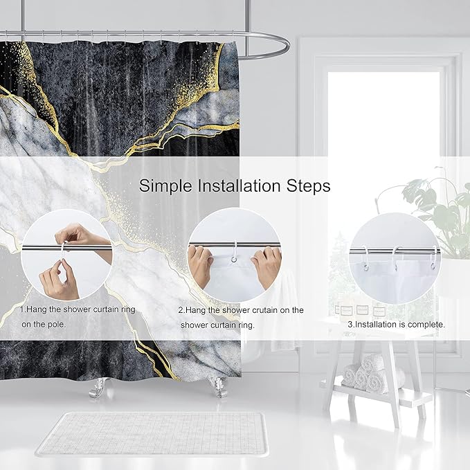Domoku Marble Waterproof Shower Curtain with Hooks, Machine Washable Easy-Care Fabric Bathroom Curtain for Tub or Shower (Black, 72" W x84 L)