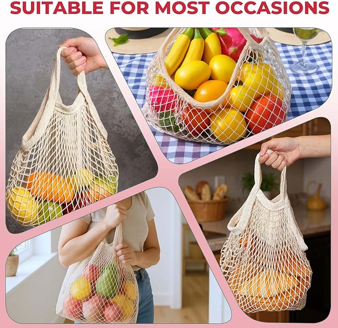 Lemecima 10 Pieces Reusable Mesh Grocery Bags Portable Cotton Produce Containers Washable Net Mesh Reusable Tote Bag with Handle String Shopping Organizer for Fruit Vegetable Shopping Storage Market