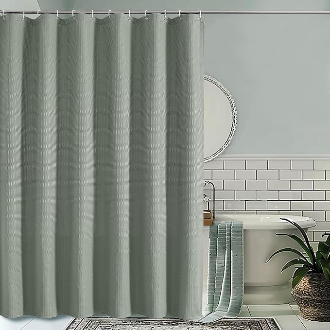 OVZME Extra Long Shower Curtain Set- 96 Inch Long Waffle Weave Heavy Duty Fabric Shower Curtains for Bathroom, Luxury Heavy Duty Thick Cloth Shower Curtain with 12 Plastic Hooks, 72x96, Sage Green