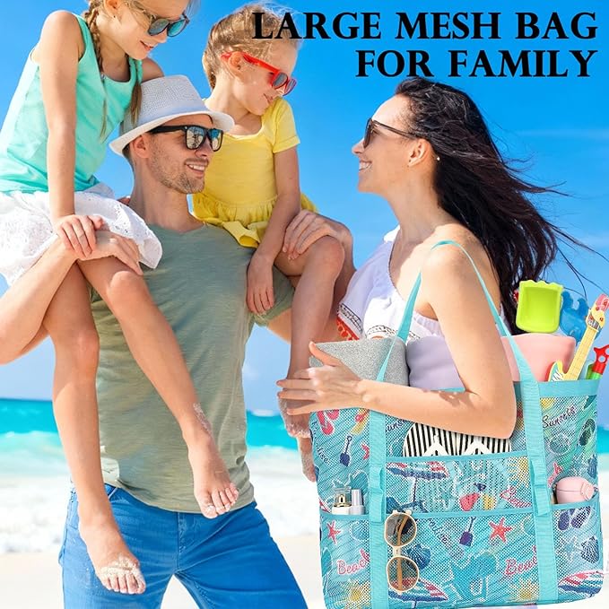 Fammart Mesh Beach Bag, Large Beach Tote with Zipper Pocket for Family Pool Bag for Toys & Vacation Essentials