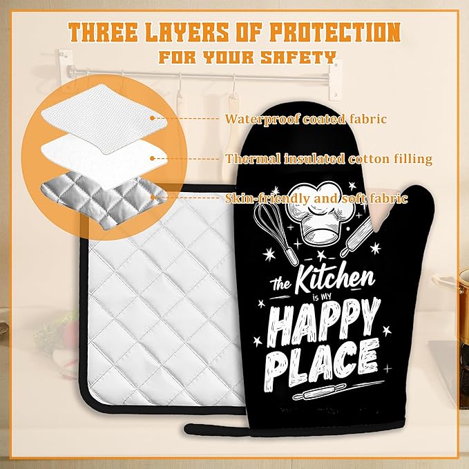 Funny Oven Mitts and Pot Holders Set,The Kitchen is My Happy Place Kitchen Decor Heat Resistant Non Slip Hot Pads and Oven Mitt for Chef Cooking Baking BBQ Mom Girl Gifts(4 Piece Set)