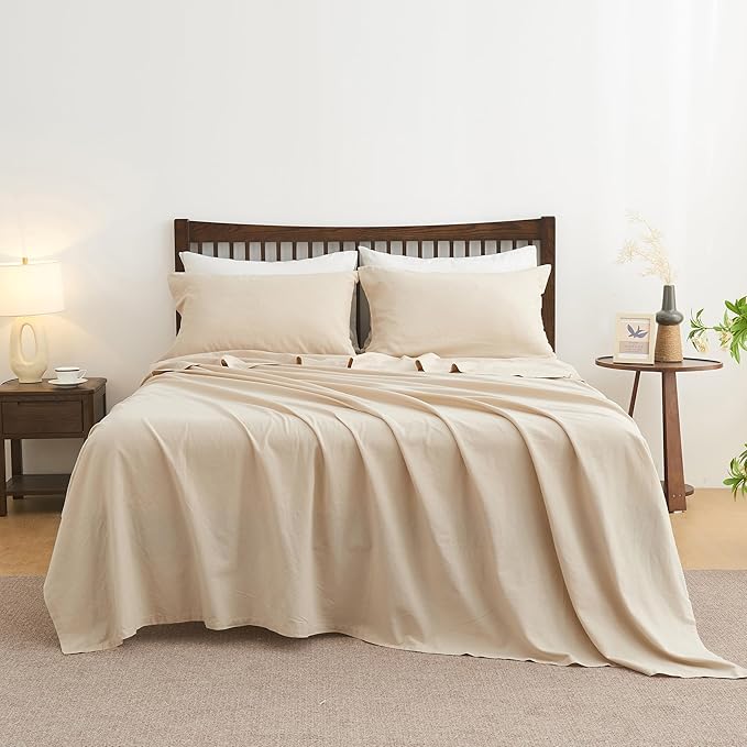 Simple&Opulence Belgian Linen Sheet Set Solid Color - 4 Pieces (1 Flat Sheet, 1 Fitted Sheet & 2 Pillowcases) Natural Flax Cotton Blend Soft Breathable Farmhouse Bedding - Queen Size, Linen/Beige