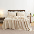 Simple&Opulence Belgian Linen Sheet Set Solid Color - 4 Pieces (1 Flat Sheet, 1 Fitted Sheet & 2 Pillowcases) Natural Flax Cotton Blend Soft Breathable Farmhouse Bedding - Queen Size, Linen/Beige