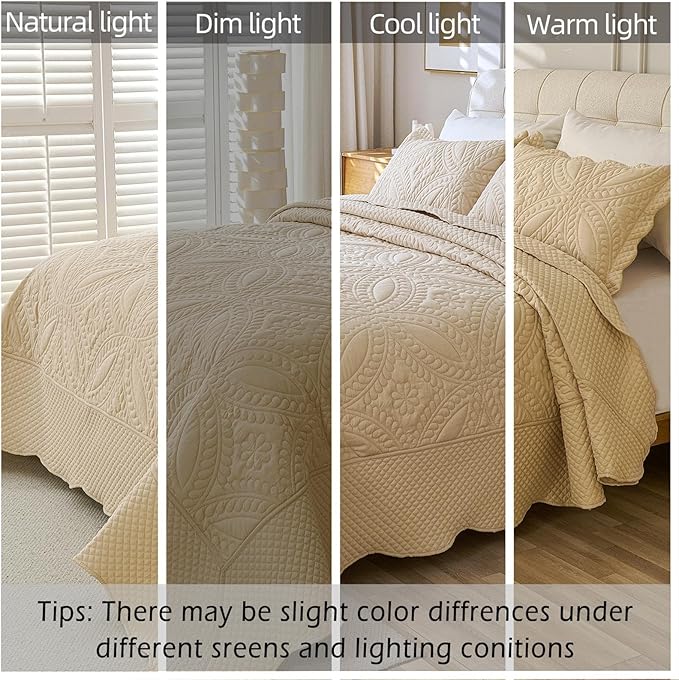 Cmfshape Oversize King Bedspread 128"x120",3 Piece California King Quilt,Lightweight Bed Quilt Set for All Season,Modern Geometric Pattern Bedding Set Beige