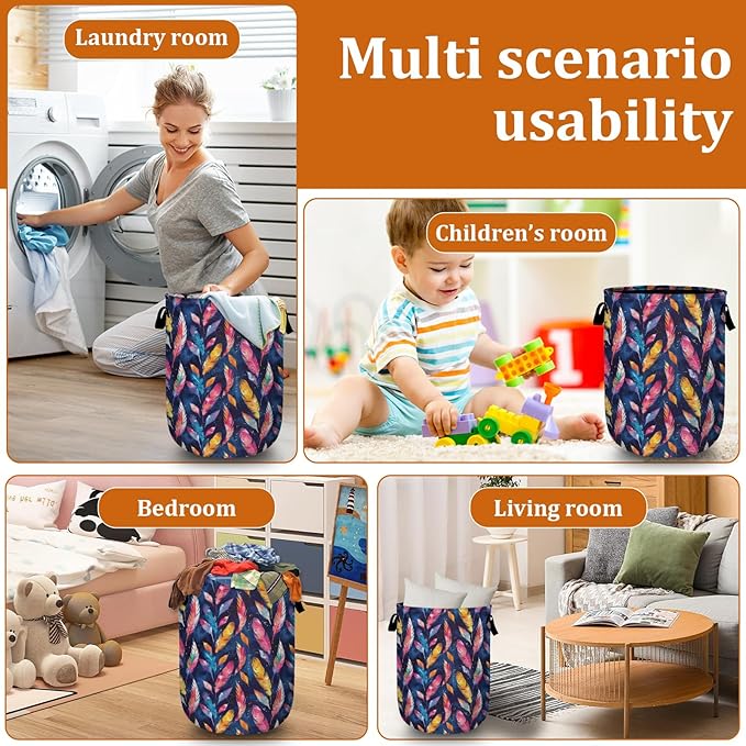 Colorful Feather Laundry Basket with Sturdy Handles, Collapsible Oxford Cloth Laundry Hamper Organizer Basket for Bathroom Bedroom 15.7x20 Inch