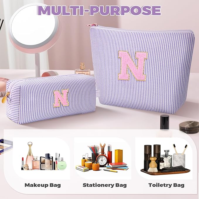 Btffitting Personalized Makeup Bag for Women Girls - Fashion Cosmetic Bag Trendy Travel Toiletry Bag with Initials Letter - Teen Gifts - Lavender,N