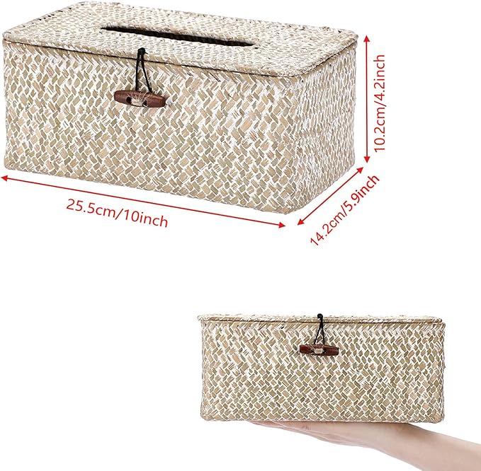 Shonmogar Tissue Box Cover Rectangle Seagrass Tissue Box,Woven Tissue Box Holder with Lid,Farmhouse Tissue Cover for Bathroom Toilet Living Room Bedroom Kitchen Table Desk Office,Whitewash