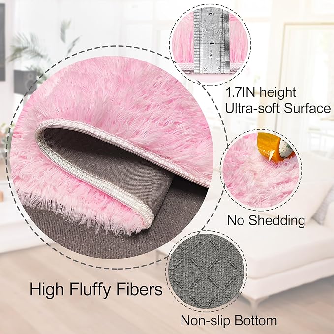 2x8 Pink Fuzzy Rug Runner for Bedroom Girls, Pink Shag Rug for Girls Room Bedside Living Room Hallway Plush Fuffy Carpet Runner for Kids Room Nursery Home