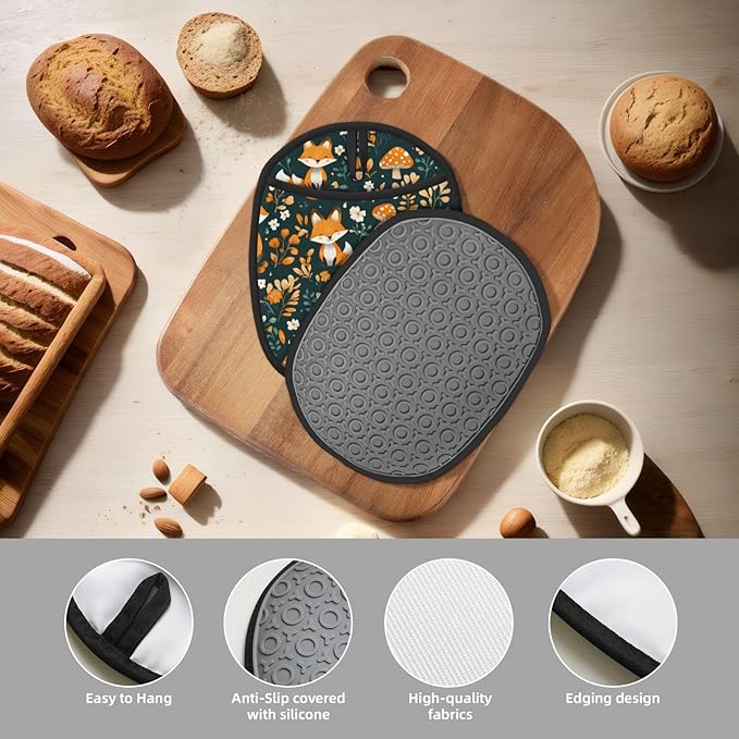 Pot Holders 2 Pack Silicone, Cotton Lining, Heat Resistant to 500°F (260°C), Non-Slip Grip, 7.5"x9.4" Oval Kitchen Hot Pads for Oven, Cooking (Fox, Potholders)