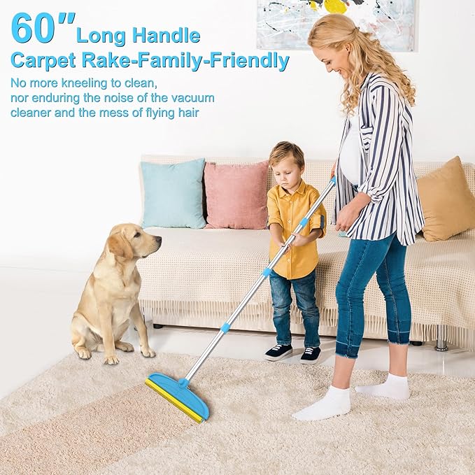 WOSWOK Carpet Rake for Dog Hair Remover: 2 in 1 Reusable Pet Hair Remover – 60‘’ Adjustable Long Handle Carpet Removal Tool for Dog Cat Human Hair – Carpet Scrape Cleaning for Rug Couch Bed