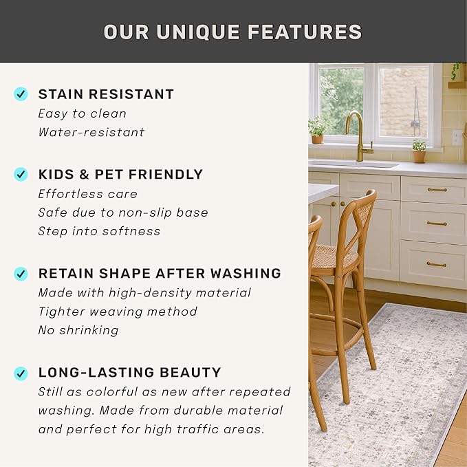Boho Light Grey Living Room Rug 8x10 - Modern Vintage Eclectic Floral Pastel Neutral Taupe, Washable Low Pile Non-Slip Extra Large Area Rugs for Dining Under Table Bedroom Lounge