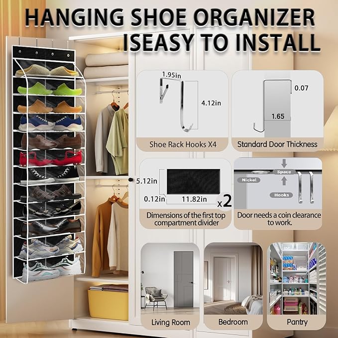 Kotkn Over The Door Shoe Organizer with 12 Large Breathable Pockets - Heavy Duty Hanging Storage for Adult, Kids & Baby Shoes - Black