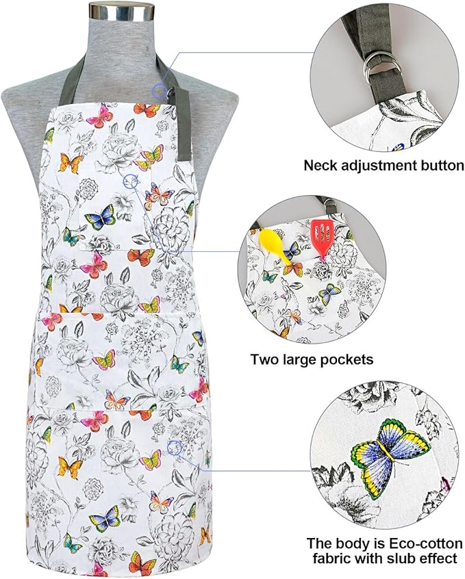Oven Mitts and Pot Holders with Chaf Apron,Set of 5 Heat Resistant Kitchen Gloves and Silicone Non-Slip Potholders Adjustable Neck Buckle Apron, Cotton Nice Design for Cooking (Butterfly)
