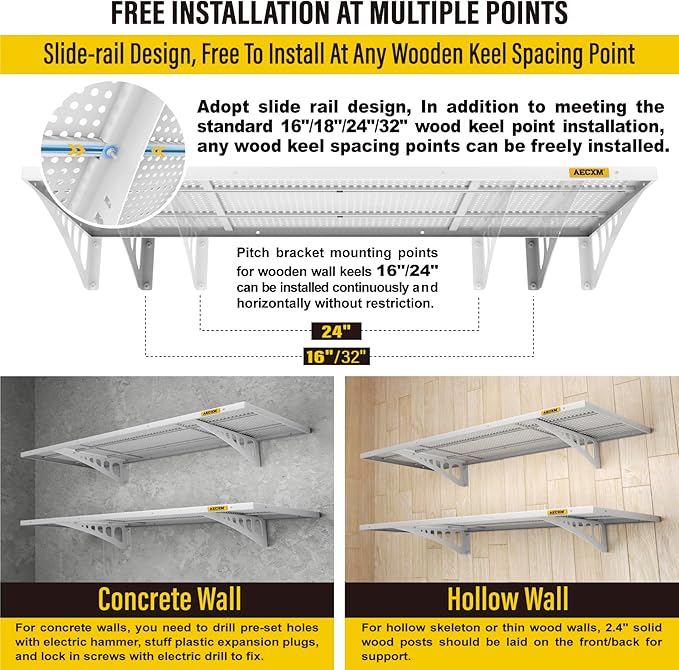 Aecxm 2-Pack 1.64x4ft Adjustable Garage Wall Shelving 560lbs Load Capacity Heavy Duty Wall Mounted Storage Shelf Metal Floating Shelves for Garage(White)