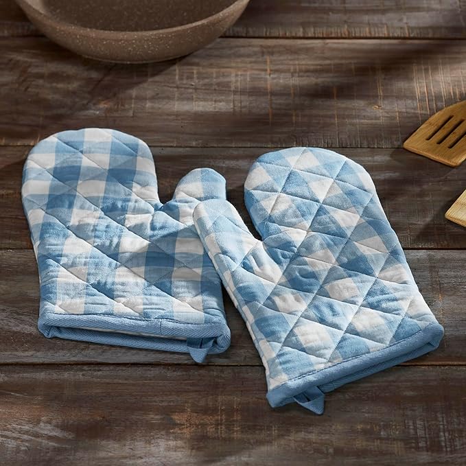VHC Brands Cotton Oven Mitt Set of 2, Heat Resistant, Baking Glove Pot Holder, Kitchen Mitts, Annie Buffalo Check Collection, 12.5x8, Dusk Blue & White Checkered