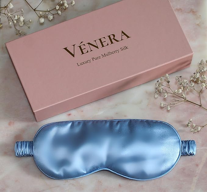 Vénera Silk Sleep Mask - 100% Pure 22 Momme Mulberry Silk Eye Sleeping Mask for Women and Men - Blackout Eye Mask for Sleeping (Blue)