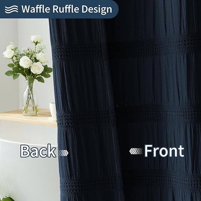 Lameirose Extra Long Navy Blue Shower Curtain Farmhouse,72 x 84 Cotton Blend Waffle Tufted Striped Chic Textured Fabric Shower Curtain for Bathroom, Hotel