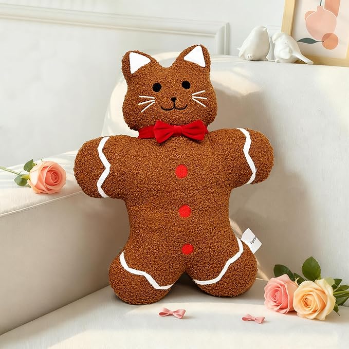 VigorSpring Gingerbread Cat Plush Pillows - Soft Teddy Fleece Stuffed Cushion, Cute Animal Shaped Pillow for Kids Girls Women, Perfect for Sofa Bed Office Living Room Decor and Birthday Gift (Brown)