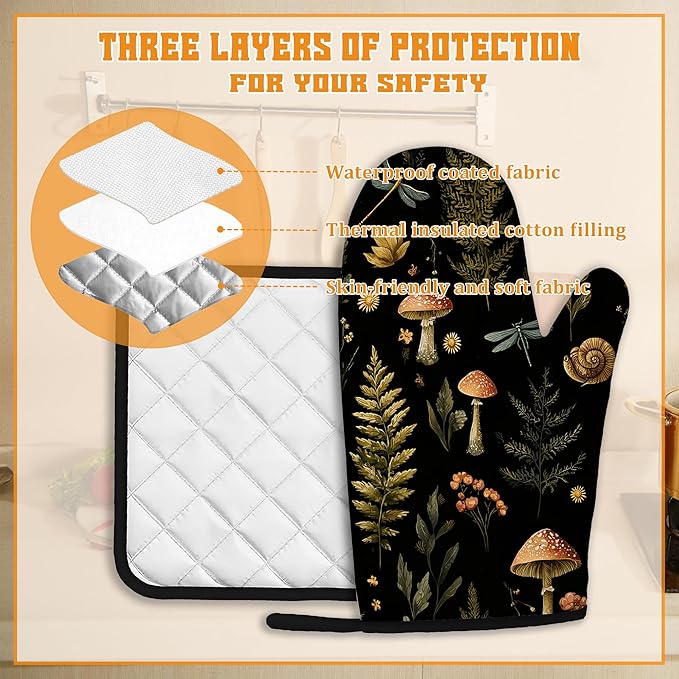 Mushroom Forest Plant Oven Mitts and Pot Holders,Dragonfly Heat Resistant Oven Mitts Gloves and Pot Holder for Home Kitchen Decorations Cooking Baking BBQ Gifts,Set of 4