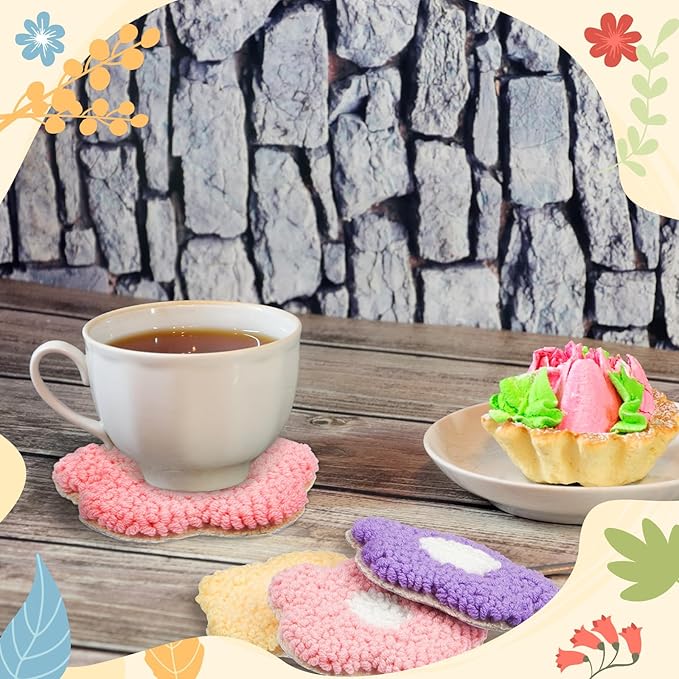 Preboun 8 Pcs Flower Punch Needle Coaster Kit, Punch Needle Embroidery Kit for Adults Beginners, DIY Supplies Tufted Coasters Including Yarns Hoop Tools