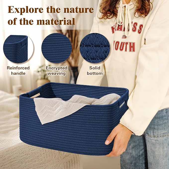 2 Pack Large Storage Basket for Organizing, 17.5"x13.5"x7.5" Woven Basket for Shelves, Closet Cube Storage Bins with Wrapped Handle, Cotton Rope Baskets for Kitchen, Clothes, Toys(Navy Blue)