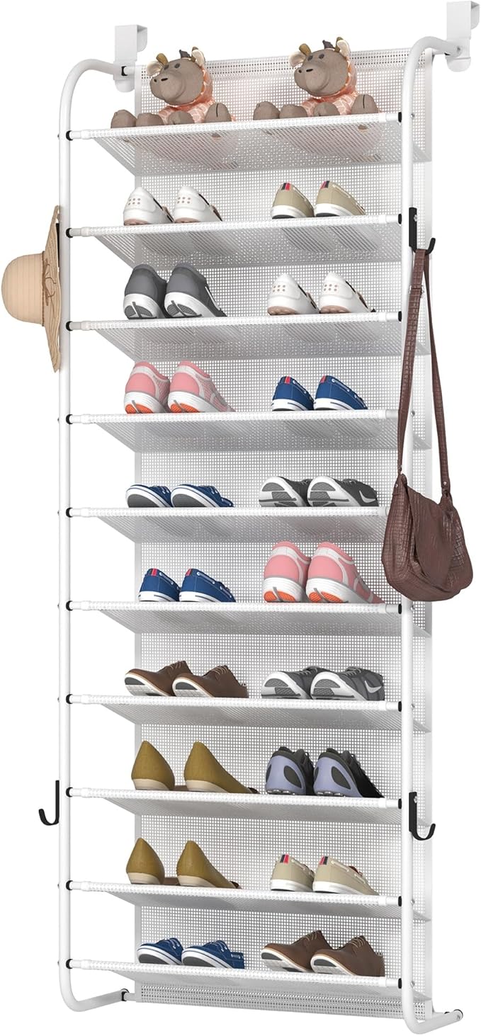 MUOU 10 Tier Shoe rack Hanging Shoe Storage the door shoe rack for Closet Pantry Over The Door Shoe Organizer Wall Floating Shelves (White, 10 Tier)