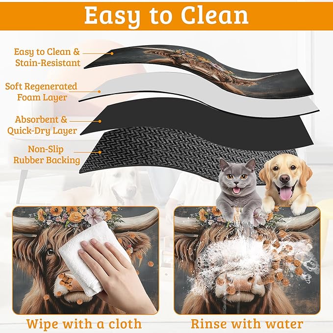 Highland Cow Feeding Mat, Absorbent Quick-Dry Cat Dog Food and Water Bowl Mats,Non-Slip Rubber Backing Mat,Cat Dog Accessories Supplies 12" x 20"