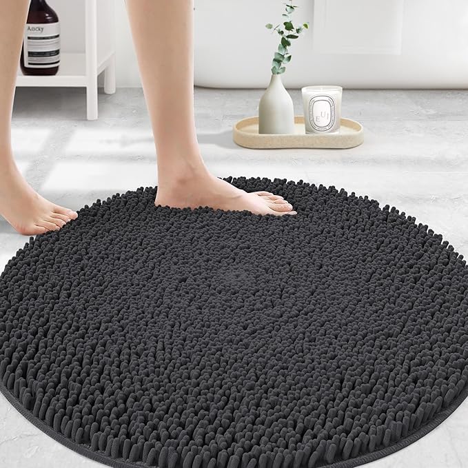 MAYSHINE Round Area Rug Set for Bathroom | Soft Plush Chenille Bath Mat, Water Absorbent Non-Slip Bathroom Rug | Washable Shag Carpet, Bedroom, or Home Décor | 48"x48" (Round) | Charcoal Gray