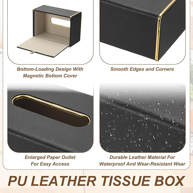 uxcell Tissue Box Cover, Rectangle Modern Tissue Box Holder with Magnetic Closure for Living Room Bedroom Office Hotel Desk (8.3"x5.1"x3.5", Black)