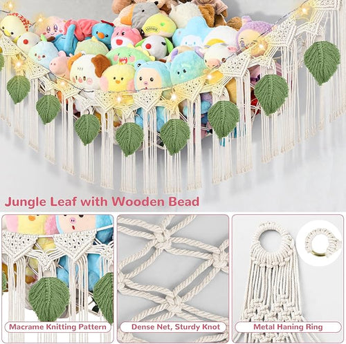 82.7x59x59 Inch Jumbo Stuffed Animal Storage Hammock Corner, Cream Macrame Green Leaf Hanging Stuffed Animal Net Organizer for Stuffy Plushie, Boho Toy Hammock Holder w/LED Light for Boy Girl Gift
