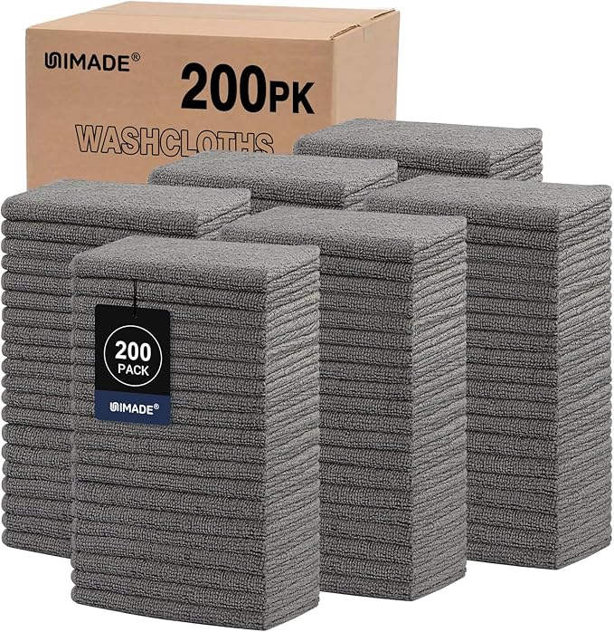 UNIMADE Washcloths Bulk - 200 Pack - Face Towels (12" x 12"), Highly Soft Wash Cloth and Hand Towels, Fast Drying Multi-Purpose Microfiber Cleansing Cloths for Bathroom, Hotel, Spa, and Salon - Grey